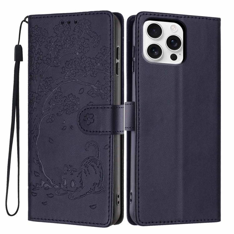 Capa de telemóvel em pele vegana com relevo de gato na árvore e fecho de aba, Para iPhone 17e / 16e, Para iPhone 17 Pro Max, Para iPhone 17 Pro, Para iPhone 17, Para iPhone Air, Para iPhone 16 Pro Max