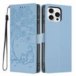 Capa de telemóvel em pele vegana com relevo de gato na árvore e fecho de aba, Para iPhone 17e / 16e, Para iPhone 17 Pro Max, Para iPhone 17 Pro, Para iPhone 17, Para iPhone Air, Para iPhone 16 Pro Max