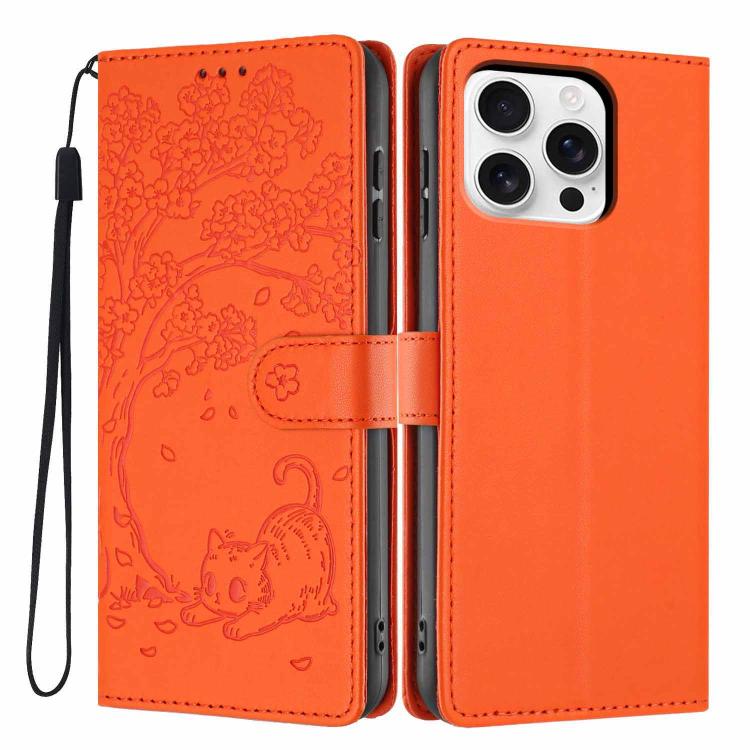 Capa de telemóvel em pele vegana com relevo de gato na árvore e fecho de aba, Para iPhone 16 Pro, Para iPhone 16 Plus, Para iPhone 16, Para iPhone 15 Pro Max, Para iPhone 15 Pro, Para iPhone 15 Plus