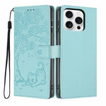 Capa de telemóvel em pele vegana com relevo de gato na árvore e fecho de aba, Para iPhone 16 Pro, Para iPhone 16 Plus, Para iPhone 16, Para iPhone 15 Pro Max, Para iPhone 15 Pro, Para iPhone 15 Plus