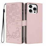 Capa de telemóvel em pele vegana com relevo de gato na árvore e fecho de aba, Para iPhone 16 Pro, Para iPhone 16 Plus, Para iPhone 16, Para iPhone 15 Pro Max, Para iPhone 15 Pro, Para iPhone 15 Plus