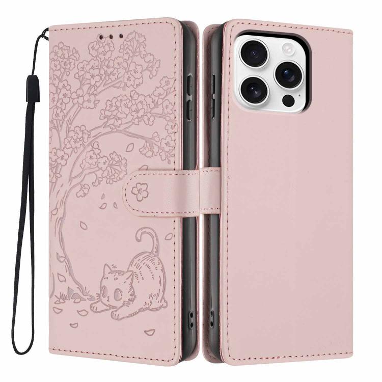 Capa de telemóvel em pele vegana com relevo de gato na árvore e fecho de aba, Para iPhone 16 Pro, Para iPhone 16 Plus, Para iPhone 16, Para iPhone 15 Pro Max, Para iPhone 15 Pro, Para iPhone 15 Plus