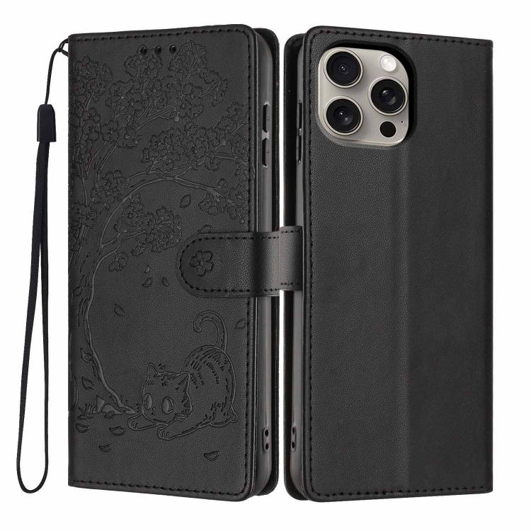 Capa de telemóvel em pele vegana com relevo de gato na árvore e fecho de aba, Para iPhone 16 Pro, Para iPhone 16 Plus, Para iPhone 16, Para iPhone 15 Pro Max, Para iPhone 15 Pro, Para iPhone 15 Plus