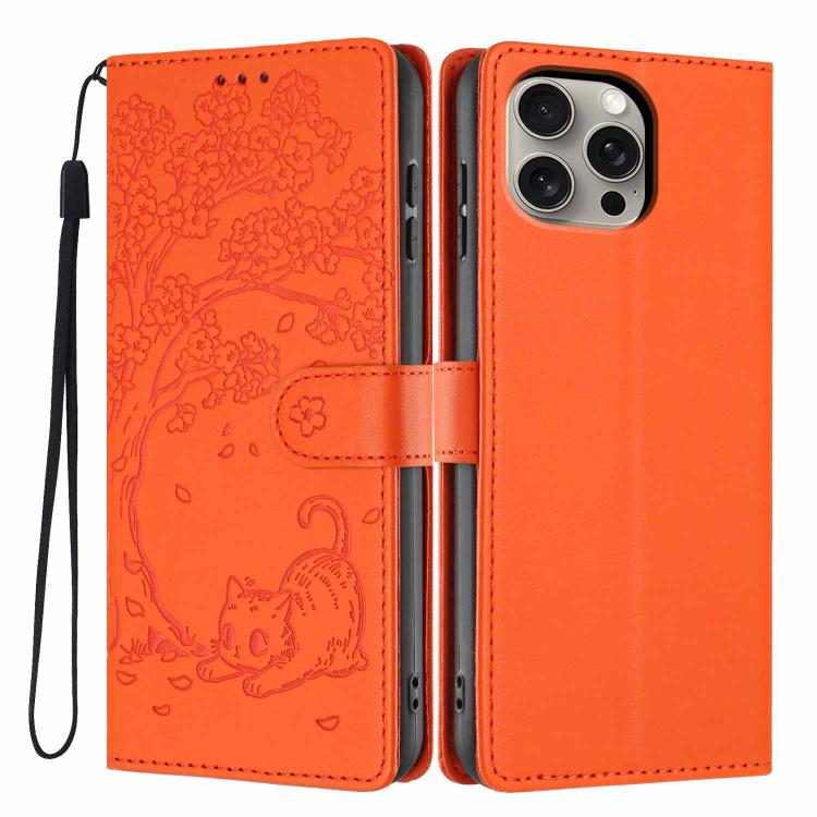 Capa de telemóvel em pele vegana com relevo de gato na árvore e fecho de aba, Para iPhone 16 Pro, Para iPhone 16 Plus, Para iPhone 16, Para iPhone 15 Pro Max, Para iPhone 15 Pro, Para iPhone 15 Plus