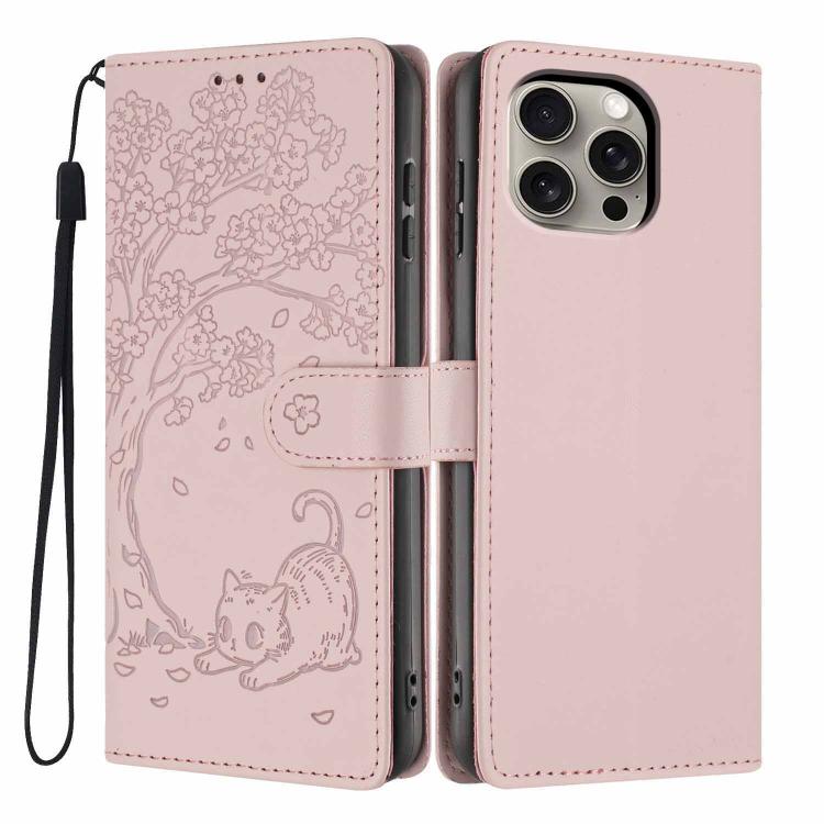 Capa de telemóvel em pele vegana com relevo de gato na árvore e fecho de aba, Para iPhone 16 Pro, Para iPhone 16 Plus, Para iPhone 16, Para iPhone 15 Pro Max, Para iPhone 15 Pro, Para iPhone 15 Plus