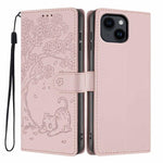 Capa de telefone em pele vegana com relevo de gato na árvore e fecho de aba, para iPhone 15, para iPhone 14 Plus, para iPhone 14, para iPhone 14 Pro, para iPhone 14 Pro Max, para iPhone 13 Pro Max