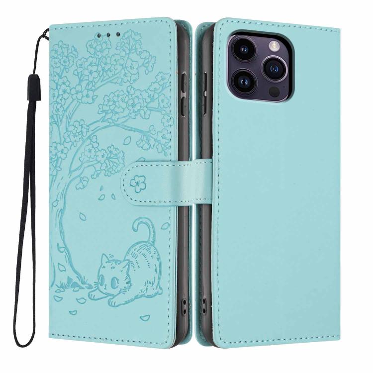 Capa de telefone em pele vegana com relevo de gato na árvore e fecho de aba, para iPhone 15, para iPhone 14 Plus, para iPhone 14, para iPhone 14 Pro, para iPhone 14 Pro Max, para iPhone 13 Pro Max