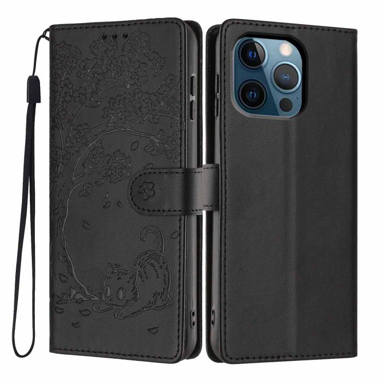 Tree Cat Embossed Flip Vegan Leather Phone Case, For iPhone 13 Pro, For iPhone 13, For iPhone 12 Pro Max, For iPhone 12 / 12 Pro, For iPhone 11 Pro Max, For iPhone 11