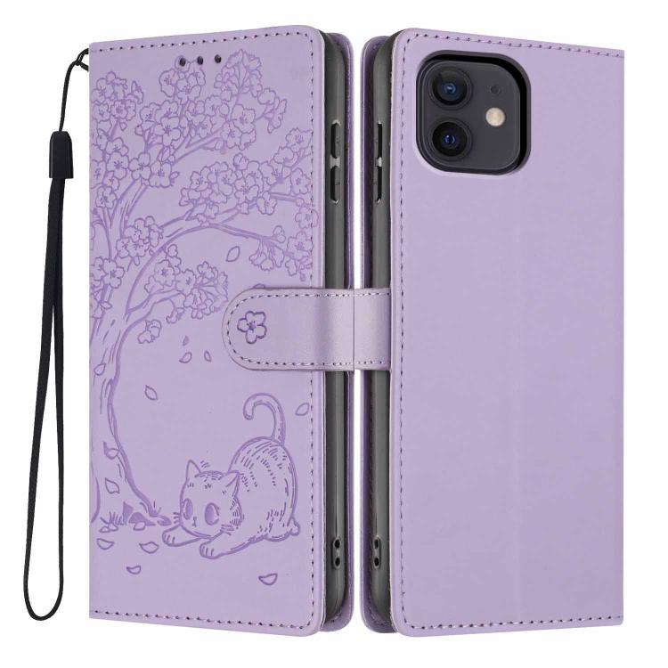 Tree Cat Embossed Flip Vegan Leather Phone Case, For iPhone 13 Pro, For iPhone 13, For iPhone 12 Pro Max, For iPhone 12 / 12 Pro, For iPhone 11 Pro Max, For iPhone 11