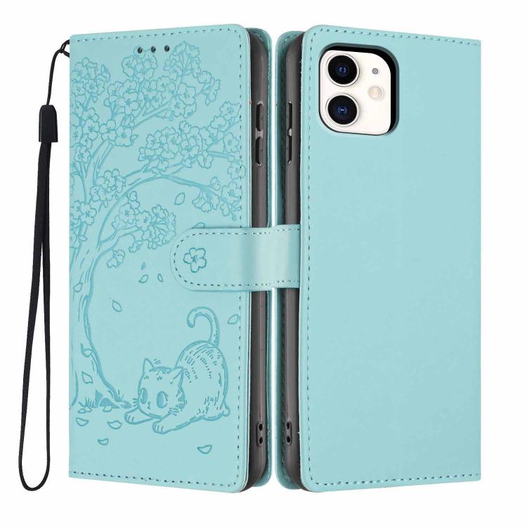 Capa de telefone em pele vegana com relevo de gato na árvore e fecho de aba, para iPhone 11 Pro