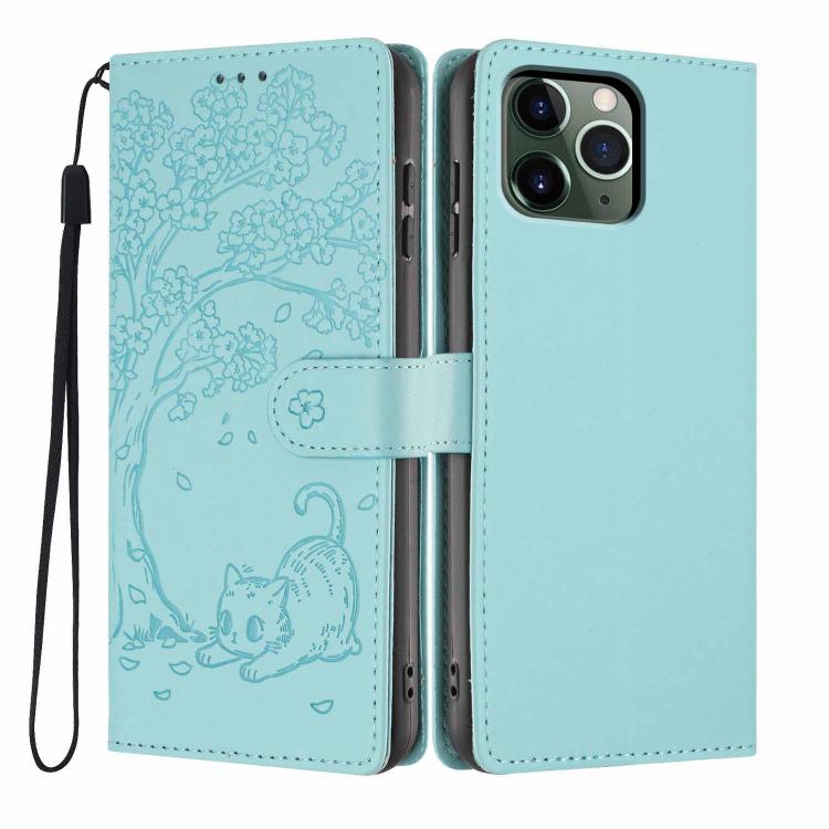 Capa de telefone em pele vegana com relevo de gato na árvore e fecho de aba, para iPhone 11 Pro