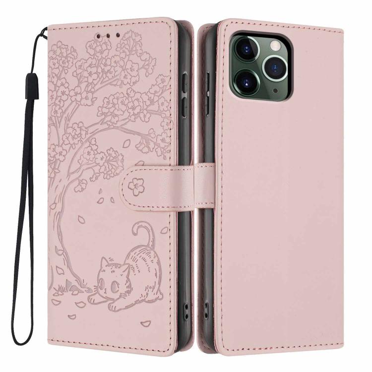 Capa de telefone em pele vegana com relevo de gato na árvore e fecho de aba, para iPhone 11 Pro