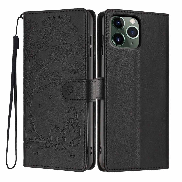 Capa de telefone em pele vegana com relevo de gato na árvore e fecho de aba, para iPhone 11 Pro