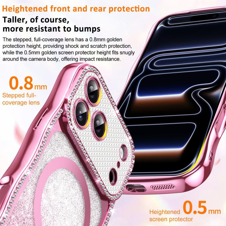 Capa de telemóvel magnética em TPU com moldura ondulada, estrela, diamante e eletrochapado com glitter, Para iPhone 17 Pro Max, Para iPhone 17 Pro, Para iPhone 17, Para iPhone 16 Pro Max, Para iPhone 16 Pro, Para iPhone 16