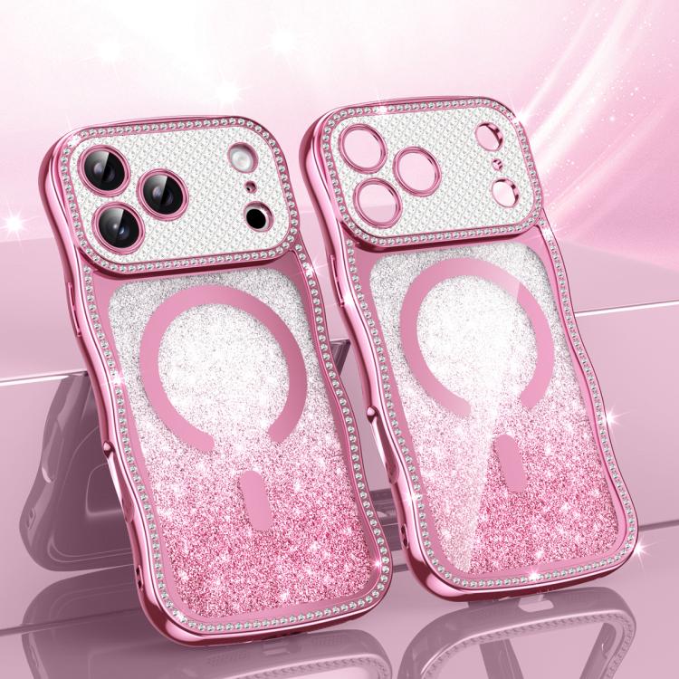 Capa de telemóvel magnética em TPU com moldura ondulada, estrela, diamante e eletrochapado com glitter, Para iPhone 17 Pro Max, Para iPhone 17 Pro, Para iPhone 17, Para iPhone 16 Pro Max, Para iPhone 16 Pro, Para iPhone 16