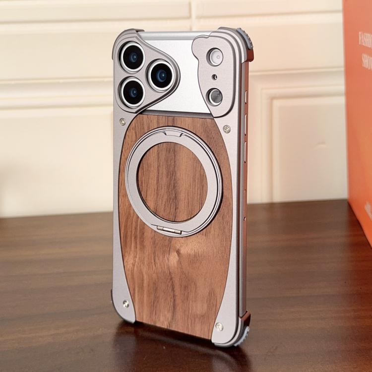 Capa de telemóvel MagSafe com suporte rotativo 360 graus sem moldura em metal de nogueira, Para iPhone 17 Pro Max, Para iPhone 17 Pro