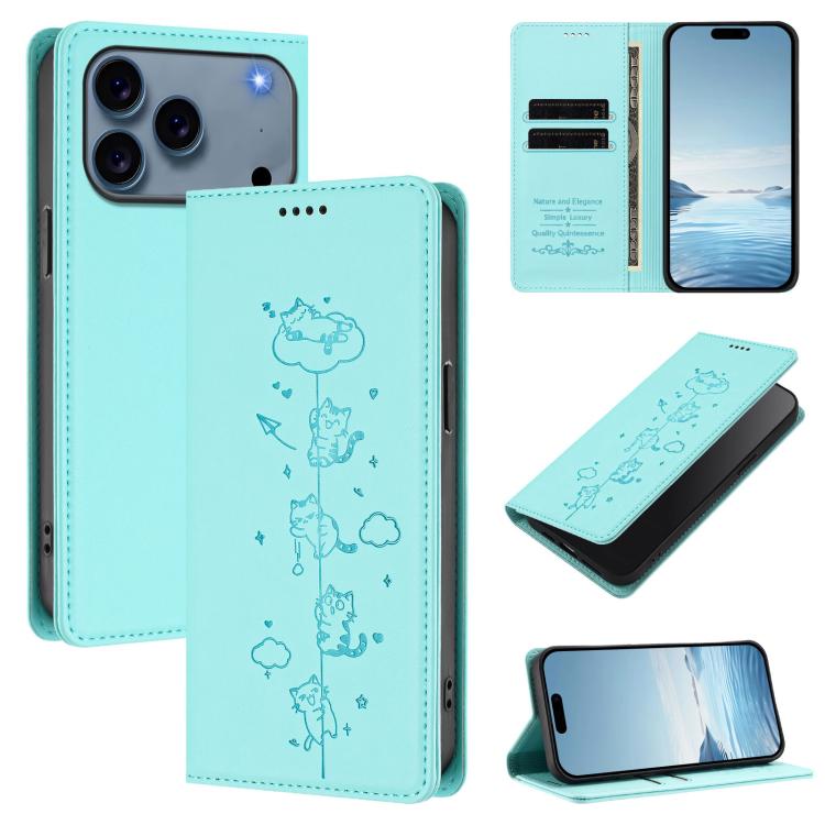 Capa de Telefone em Pele Vegana Magnética com RFID e Relevo de Gatos Fofos, Para iPhone 17e / 16e, Para iPhone 17 Pro Max, Para iPhone 17 Pro, Para iPhone 17