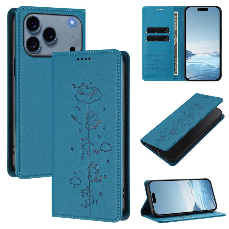 Capa de Telefone em Pele Vegana Magnética com RFID e Relevo de Gatos Fofos, Para iPhone 17e / 16e, Para iPhone 17 Pro Max, Para iPhone 17 Pro, Para iPhone 17