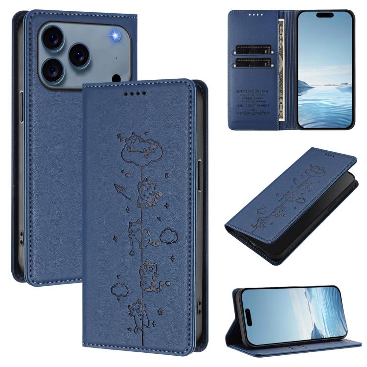 Capa de Telefone em Pele Vegana Magnética com RFID e Relevo de Gatos Fofos, Para iPhone 17e / 16e, Para iPhone 17 Pro Max, Para iPhone 17 Pro, Para iPhone 17