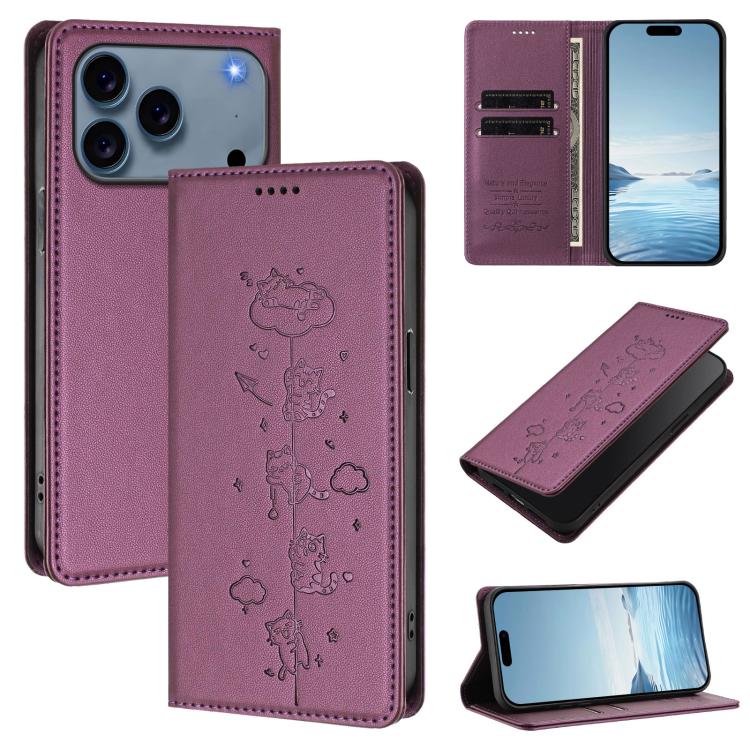 Capa de Telefone em Pele Vegana Magnética com RFID e Relevo de Gatos Fofos, Para iPhone 17e / 16e, Para iPhone 17 Pro Max, Para iPhone 17 Pro, Para iPhone 17