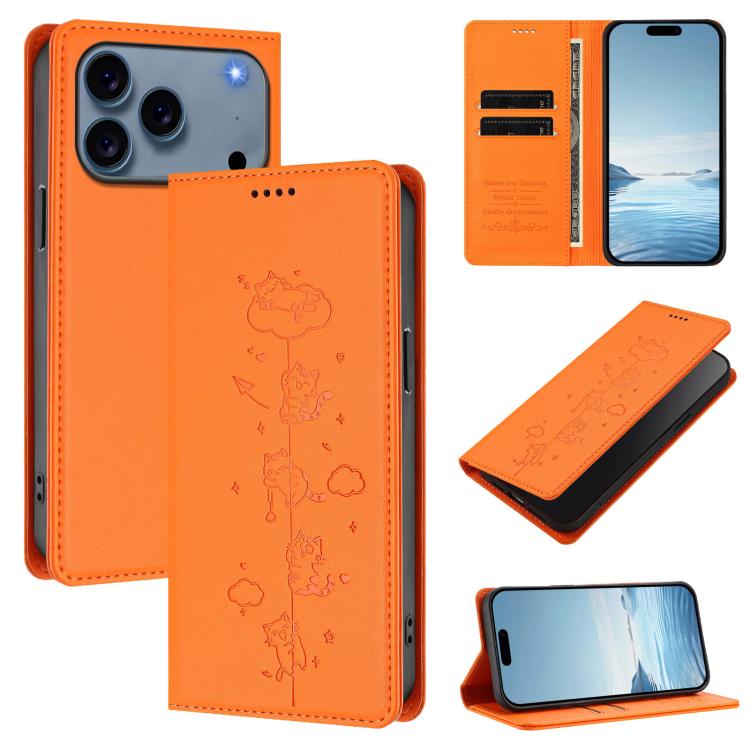 Capa de Telefone em Pele Vegana Magnética com RFID e Relevo de Gatos Fofos, Para iPhone 17e / 16e, Para iPhone 17 Pro Max, Para iPhone 17 Pro, Para iPhone 17