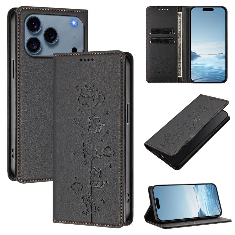 Capa de Telefone em Pele Vegana Magnética com RFID e Relevo de Gatos Fofos, Para iPhone 17e / 16e, Para iPhone 17 Pro Max, Para iPhone 17 Pro, Para iPhone 17