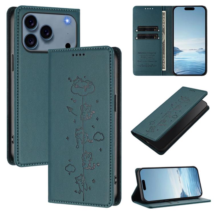 Capa de Telefone em Pele Vegana Magnética com RFID e Relevo de Gatos Fofos, Para iPhone 17e / 16e, Para iPhone 17 Pro Max, Para iPhone 17 Pro, Para iPhone 17