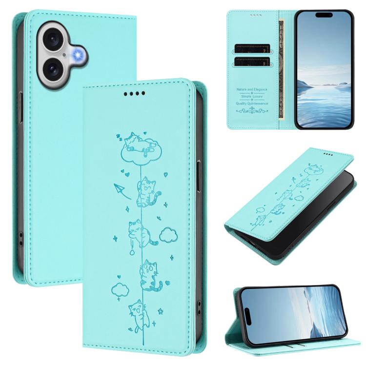 Capa de Telefone em Pele Vegana Magnética com RFID e Relevo de Gatos Fofos, Para iPhone 17e / 16e, Para iPhone 17 Pro Max, Para iPhone 17 Pro, Para iPhone 17