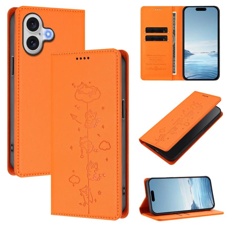 Capa de Telefone em Pele Vegana Magnética com RFID e Relevo de Gatos Fofos, Para iPhone 17e / 16e, Para iPhone 17 Pro Max, Para iPhone 17 Pro, Para iPhone 17