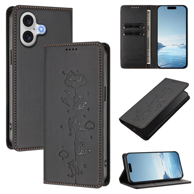Capa de Telefone em Pele Vegana Magnética com RFID e Relevo de Gatos Fofos, Para iPhone 17e / 16e, Para iPhone 17 Pro Max, Para iPhone 17 Pro, Para iPhone 17