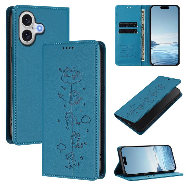 Capa de Telefone em Pele Vegana Magnética com RFID e Relevo de Gatos Fofos, Para iPhone 17e / 16e, Para iPhone 17 Pro Max, Para iPhone 17 Pro, Para iPhone 17