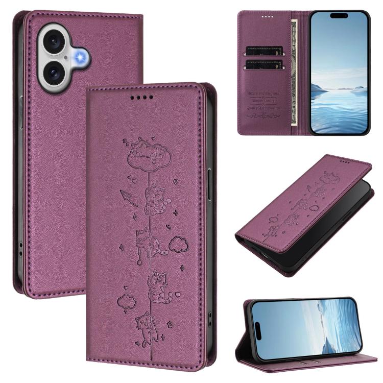Capa de Telefone em Pele Vegana Magnética com RFID e Relevo de Gatos Fofos, Para iPhone 17e / 16e, Para iPhone 17 Pro Max, Para iPhone 17 Pro, Para iPhone 17