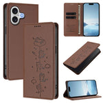 Capa de Telefone em Pele Vegana Magnética com RFID e Relevo de Gatos Fofos, Para iPhone 17e / 16e, Para iPhone 17 Pro Max, Para iPhone 17 Pro, Para iPhone 17