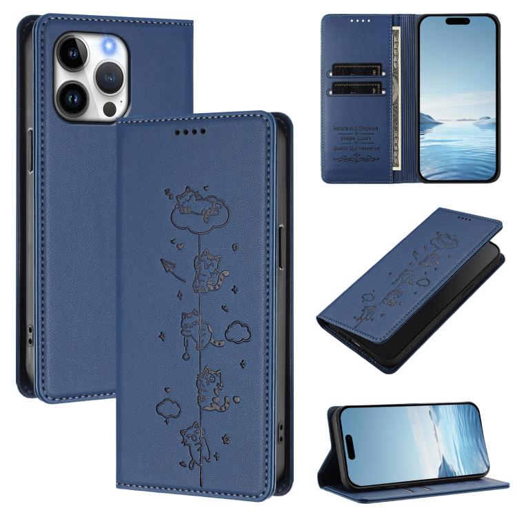Cute Cats Embossed Magnetic RFID Vegan Leather Phone Case, For iPhone Air, For iPhone 16 Pro Max, For iPhone 16 Pro, For iPhone 16 Plus