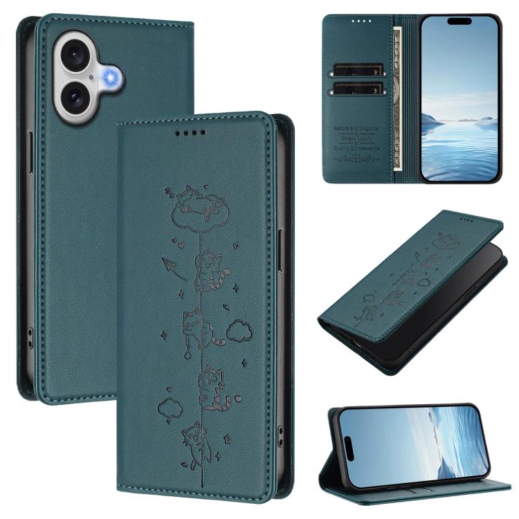Cute Cats Embossed Magnetic RFID Vegan Leather Phone Case, For iPhone Air, For iPhone 16 Pro Max, For iPhone 16 Pro, For iPhone 16 Plus