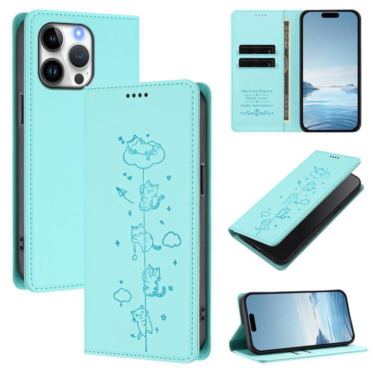Cute Cats Embossed Magnetic RFID Vegan Leather Phone Case, For iPhone 15, For iPhone 14 Plus, For iPhone 14 / 13, For iPhone 14 Pro