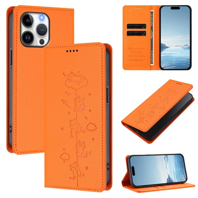Cute Cats Embossed Magnetic RFID Vegan Leather Phone Case, For iPhone 15, For iPhone 14 Plus, For iPhone 14 / 13, For iPhone 14 Pro