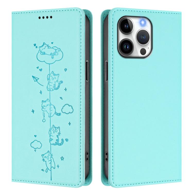 Cute Cats Embossed Magnetic RFID Vegan Leather Phone Case, For iPhone 14 Pro Max, For iPhone 13 Pro Max, For iPhone 13 Pro, For iPhone 12 Pro Max