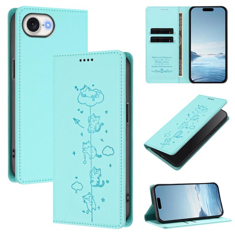 Capa de Telefone em Pele Vegana Magnética com RFID e Relevo de Gatos Fofos, Para iPhone 17e / 16e, Para iPhone 17 Pro Max, Para iPhone 17 Pro, Para iPhone 17