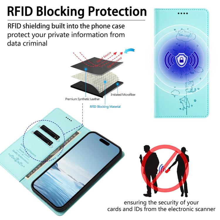 Capa de Telefone em Pele Vegana Magnética com RFID e Relevo de Gatos Fofos, Para iPhone 17e / 16e, Para iPhone 17 Pro Max, Para iPhone 17 Pro, Para iPhone 17