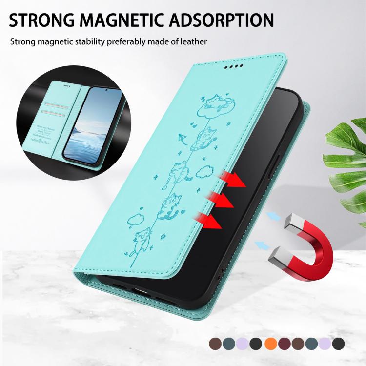Capa de Telefone em Pele Vegana Magnética com RFID e Relevo de Gatos Fofos, Para iPhone 17e / 16e, Para iPhone 17 Pro Max, Para iPhone 17 Pro, Para iPhone 17