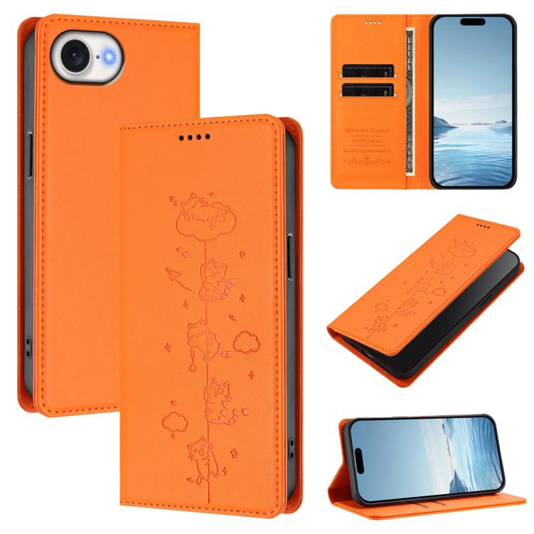 Capa de Telefone em Pele Vegana Magnética com RFID e Relevo de Gatos Fofos, Para iPhone 17e / 16e, Para iPhone 17 Pro Max, Para iPhone 17 Pro, Para iPhone 17