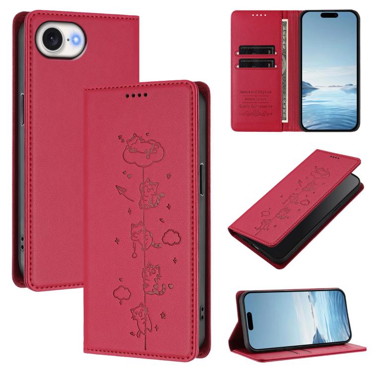Capa de Telefone em Pele Vegana Magnética com RFID e Relevo de Gatos Fofos, Para iPhone 17e / 16e, Para iPhone 17 Pro Max, Para iPhone 17 Pro, Para iPhone 17