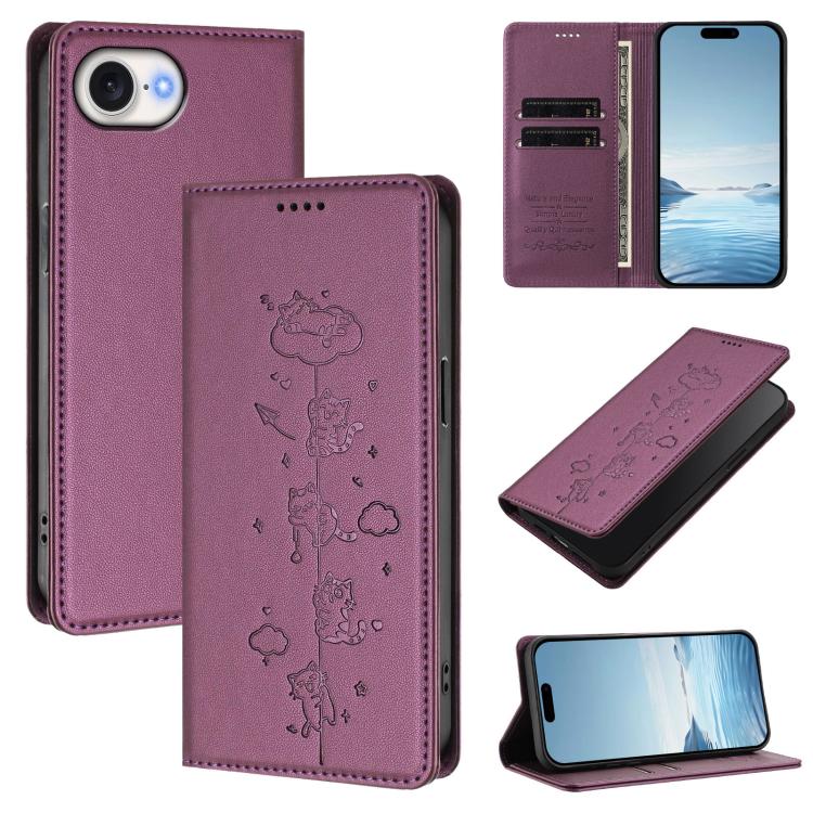 Capa de Telefone em Pele Vegana Magnética com RFID e Relevo de Gatos Fofos, Para iPhone 17e / 16e, Para iPhone 17 Pro Max, Para iPhone 17 Pro, Para iPhone 17