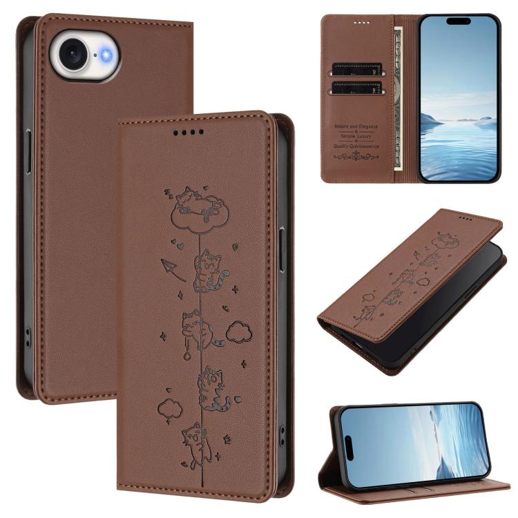 Capa de Telefone em Pele Vegana Magnética com RFID e Relevo de Gatos Fofos, Para iPhone 17e / 16e, Para iPhone 17 Pro Max, Para iPhone 17 Pro, Para iPhone 17