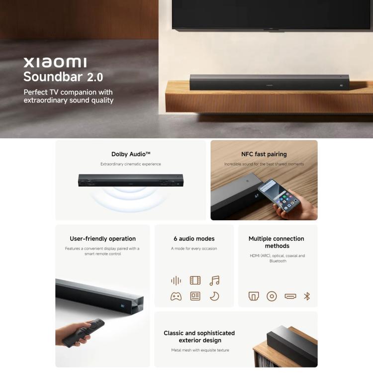 Original Xiaomi Soundbar 2.0 para TV e PC com suporte para ligação NFC, ficha US