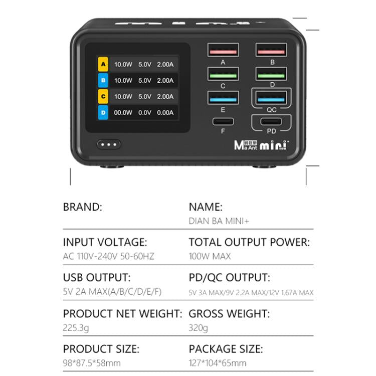 Carregador MaAnt Dianba Mini 75W multifunções com 8 portas PD, suporte a carregamento rápido PD, ficha EU MaAnt Dianba Mini