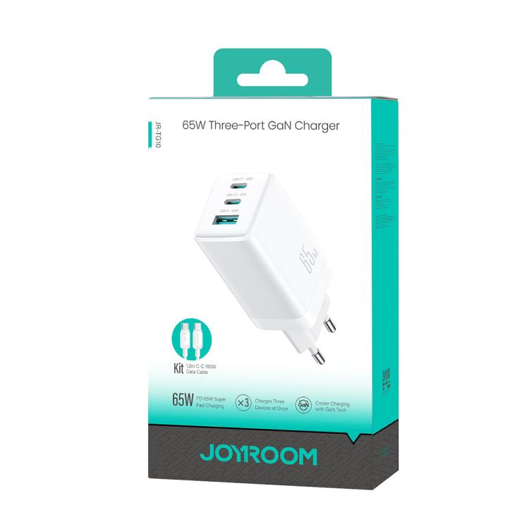 Carregador JOYROOM JR-TG10 65W GaN com dupla Type-C, 3 portas USB e cabo Type-C para Type-C, ficha EU, ficha UK