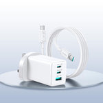 Carregador JOYROOM JR-TG10 65W GaN com dupla Type-C, 3 portas USB e cabo Type-C para Type-C, ficha EU, ficha UK