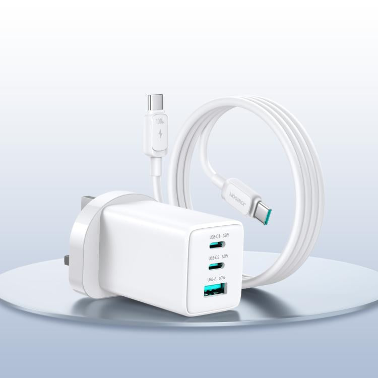 Carregador JOYROOM JR-TG10 65W GaN com dupla Type-C, 3 portas USB e cabo Type-C para Type-C, ficha EU, ficha UK